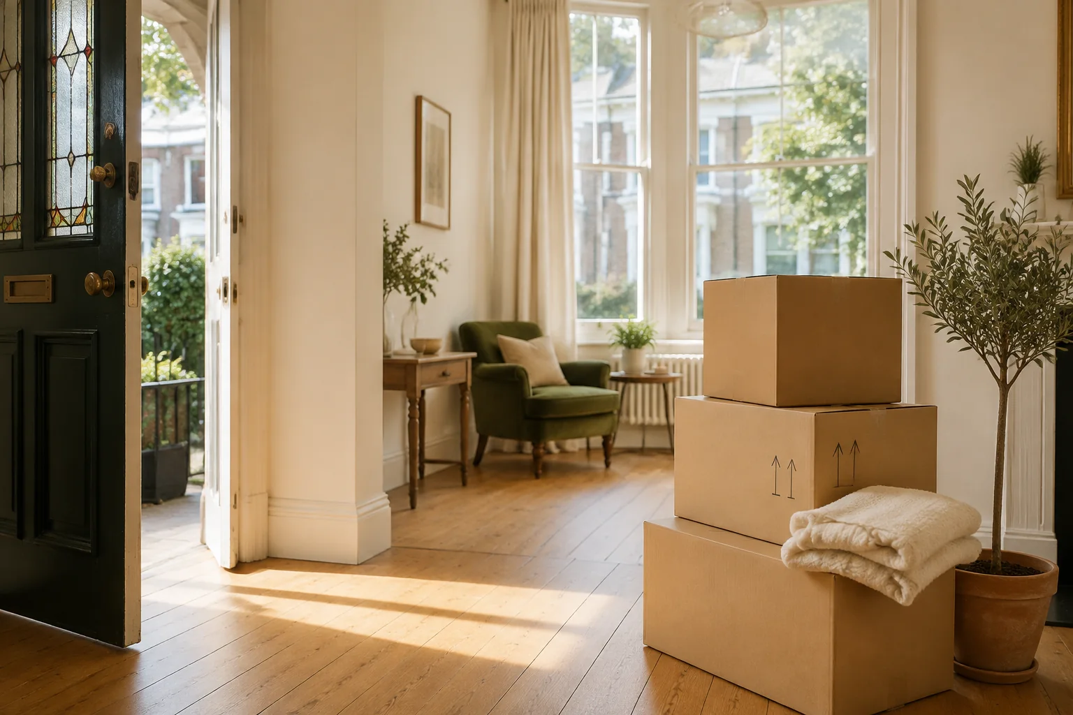 Boxes, a blanket and a plant ready for a new home